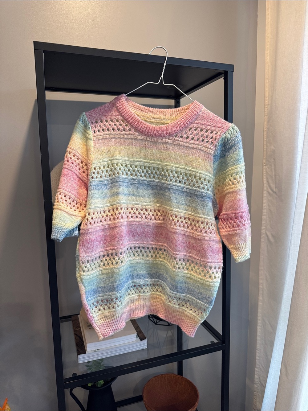 068. Pastel Rainbow Open-Knit Short Sleeve Sweater
